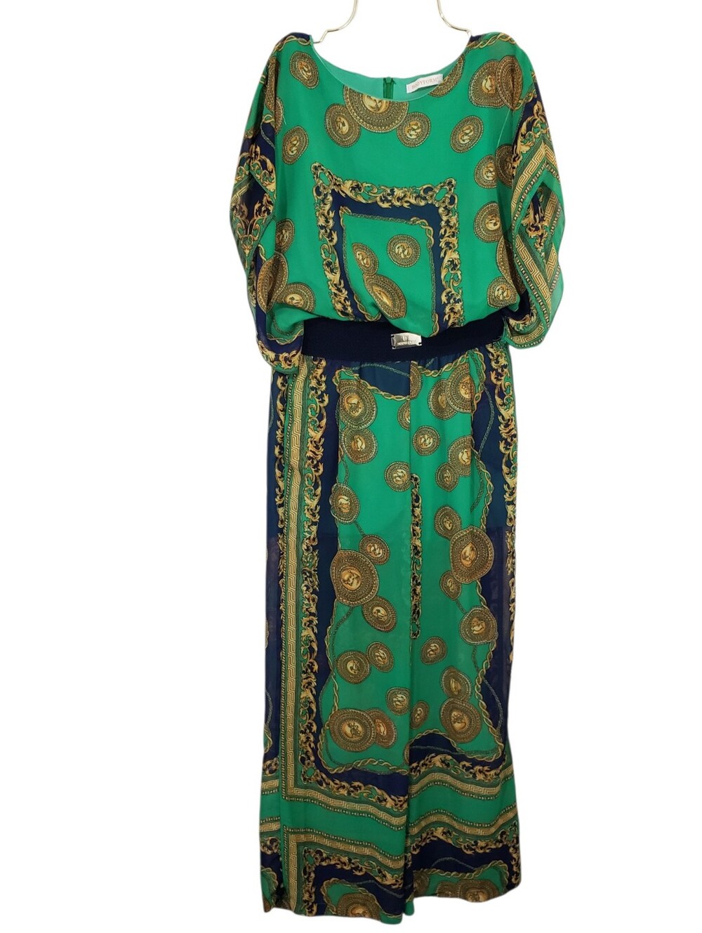 Vintage Green Baroque Scarf Print Blouson Wide Leg Jumpsuit
